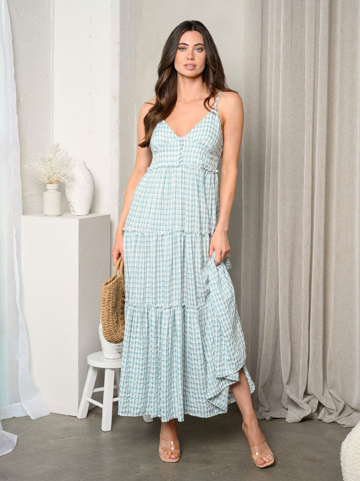 WOMEN'S SLEEVELESS V-NECK SMOCK TIERED PLAID MAXI DRESS