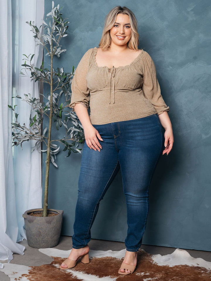 PLUS SIZE 3/4 SLEEVE SMOCK SQUARE NECK FLORAL TOP