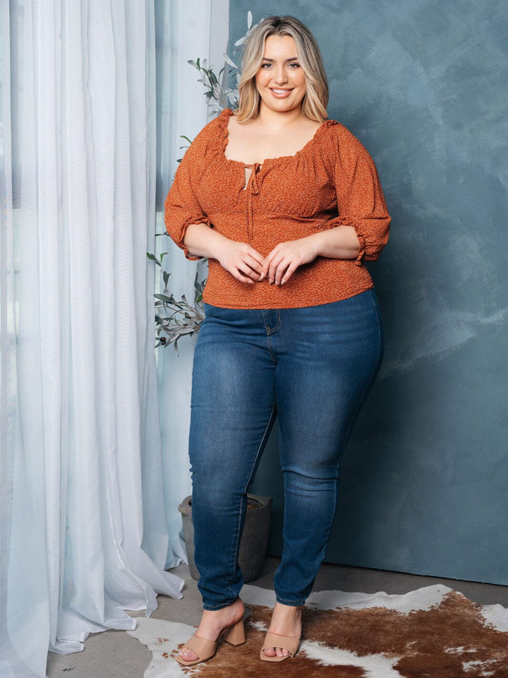 PLUS SIZE 3/4 SLEEVE SMOCK SQUARE NECK FLORAL TOP