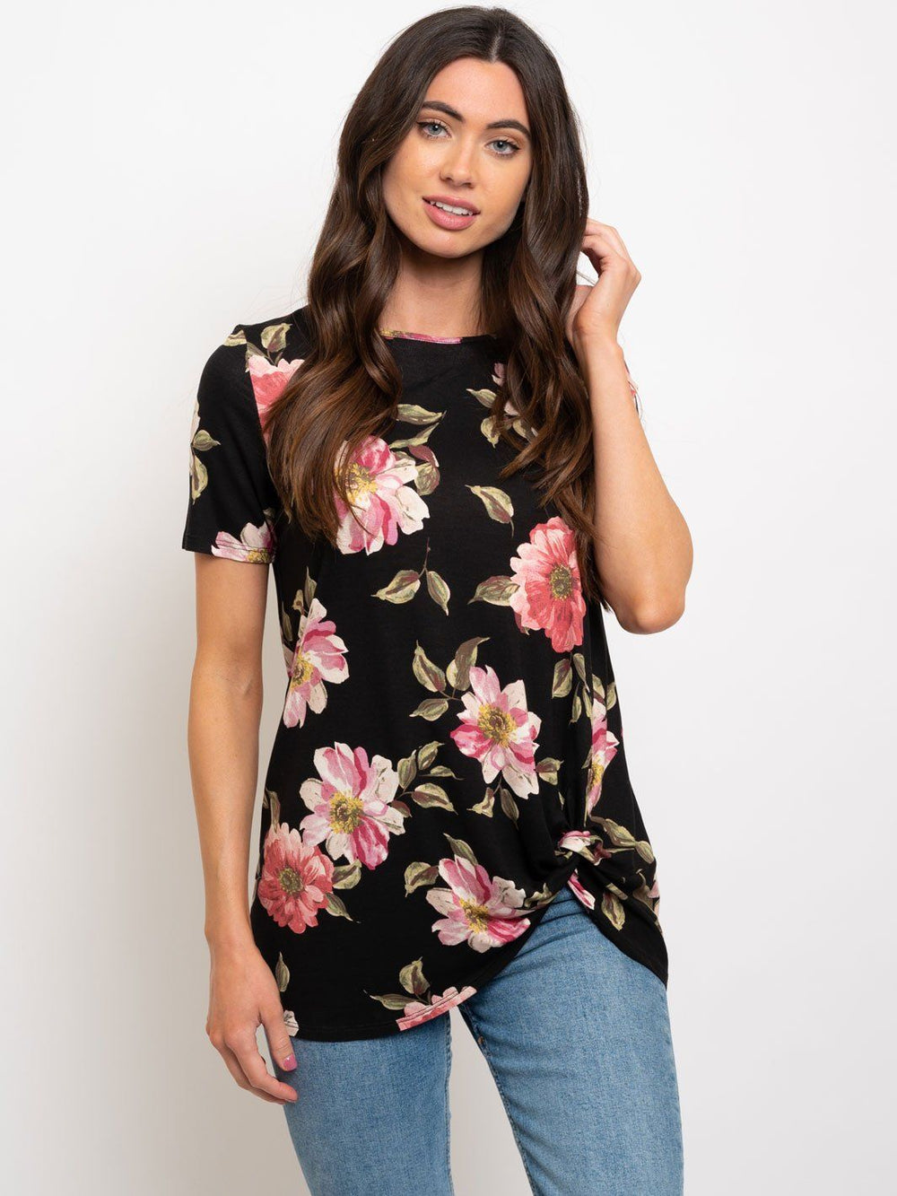 WOMEN'S FLORAL FRONT KNOT TUNIC TOP