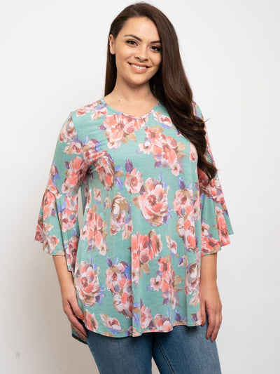 PLUS SIZE FLORAL RUFFLE SLEEVES TOP
