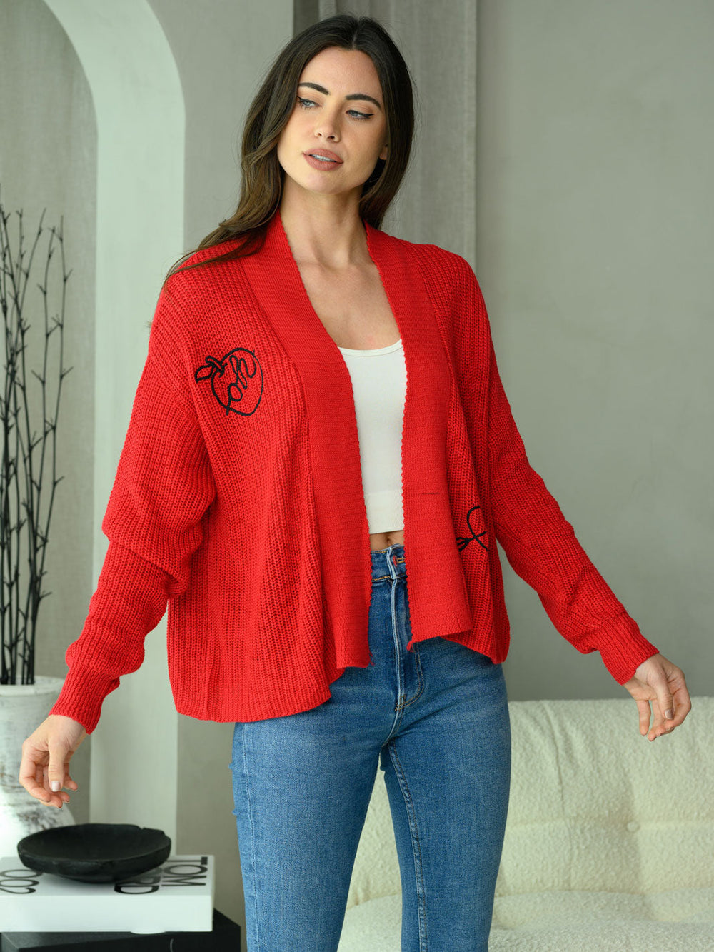 WOMEN'S LONG SLEEVE OPEN EMBROIDERY DETAIL SWEATER CARDIGAN