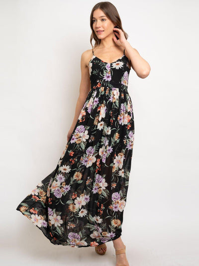WOMEN'S BLACK FLORAL OPEN BACK MAXI DRESS
