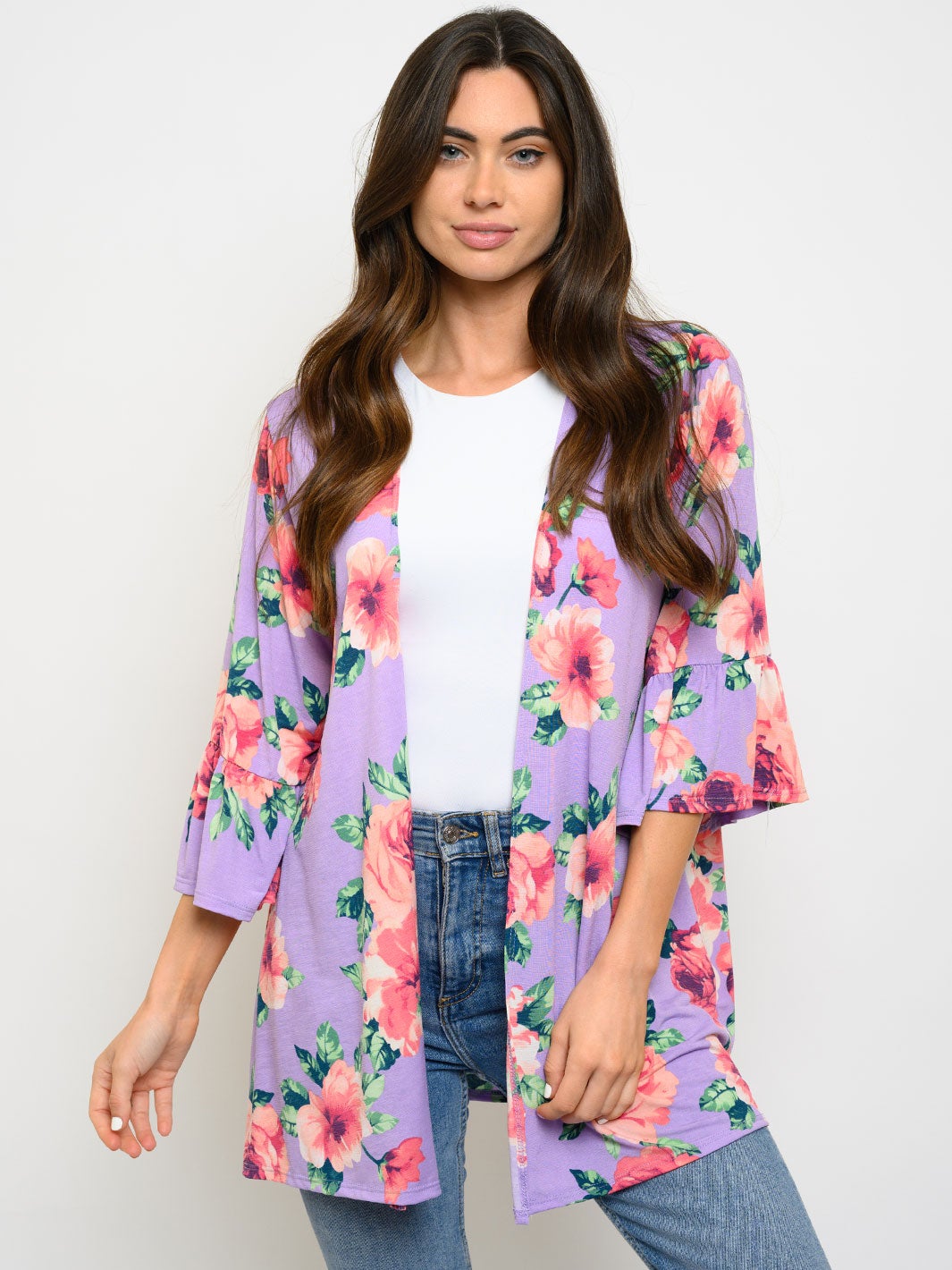 WOMEN'S RUFFLE 3/4 SLEEVE FLORAL OPEN CARDIGAN