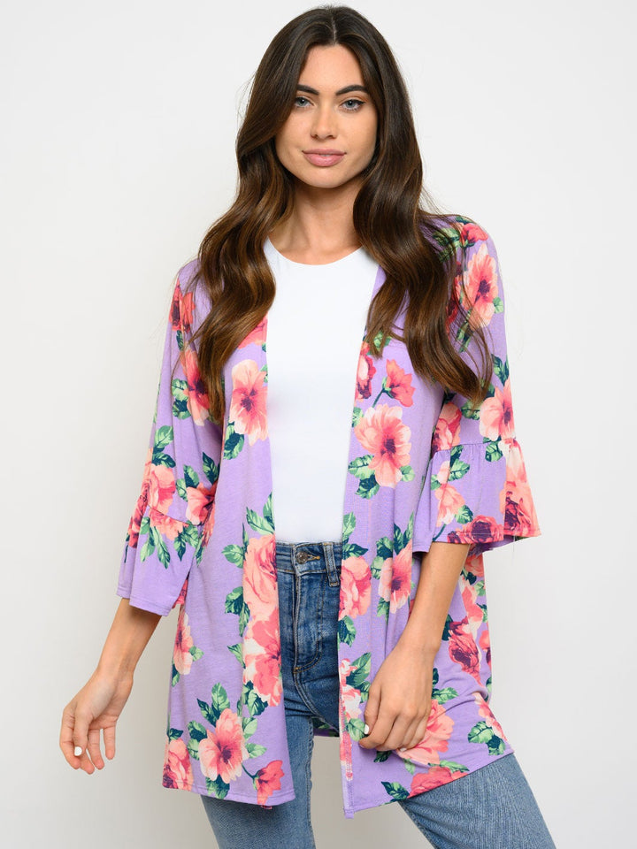 WOMEN'S RUFFLE 3/4 SLEEVE FLORAL OPEN CARDIGAN