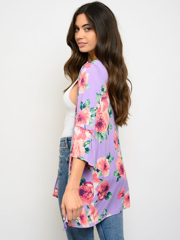 WOMEN'S RUFFLE 3/4 SLEEVE FLORAL OPEN CARDIGAN