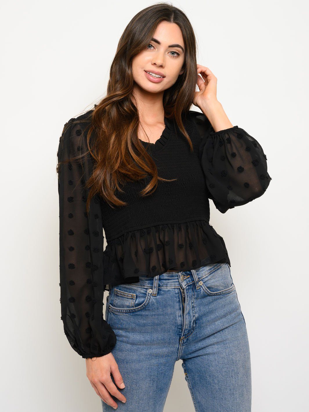 WOMEN'S SMOCKED LONG SLEEVE PEPLUM TOP