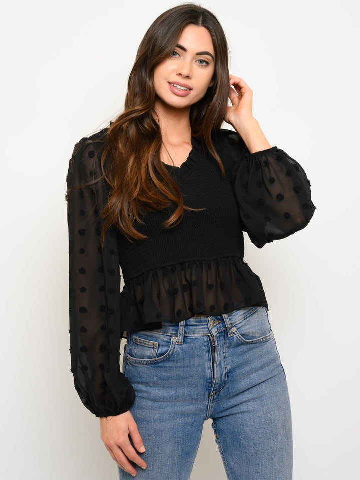 WOMEN'S SMOCKED LONG SLEEVE PEPLUM TOP