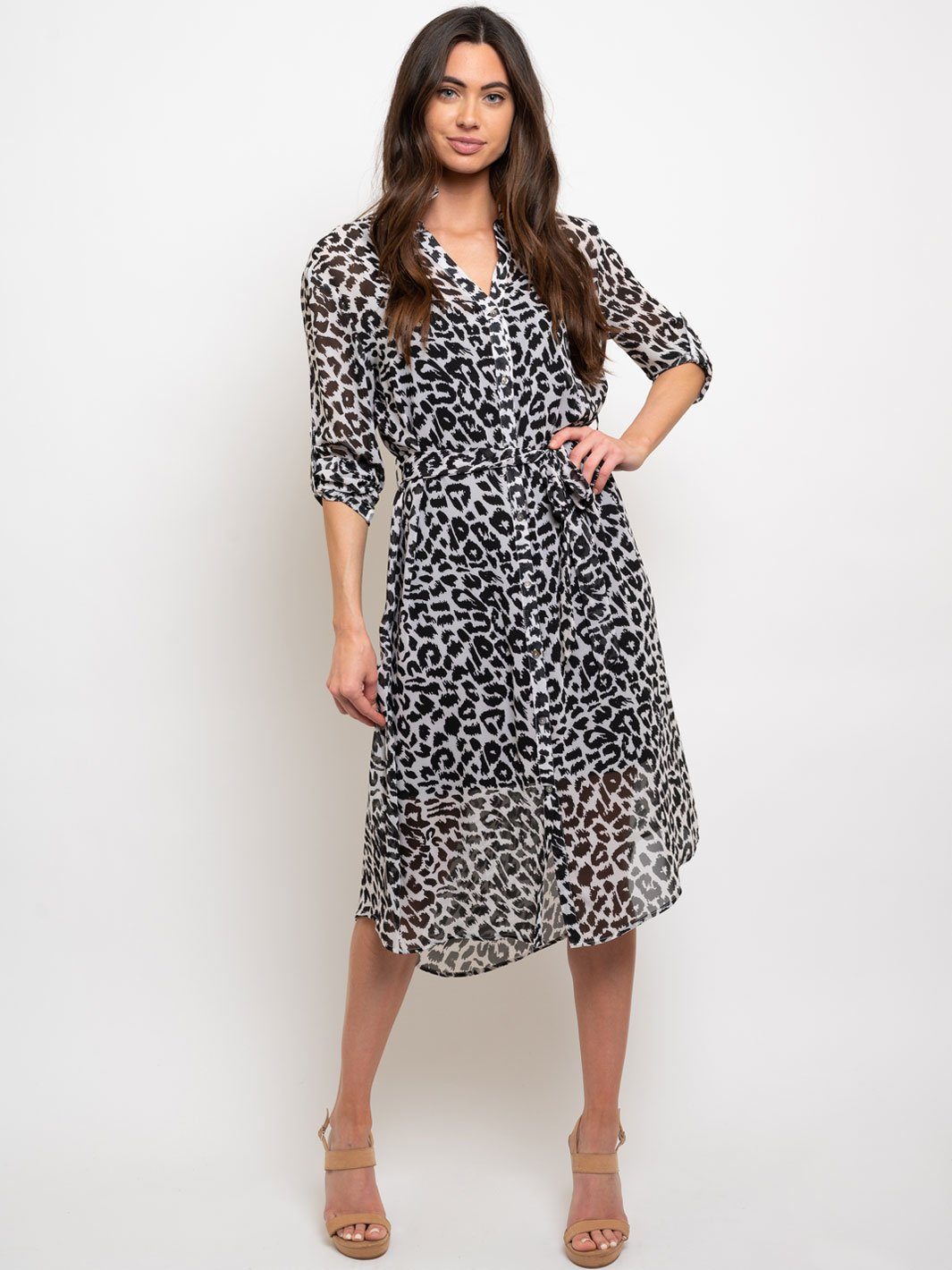 WOMEN'S ANIMAL PRINT BUTTON DOWN MIDI DRESS