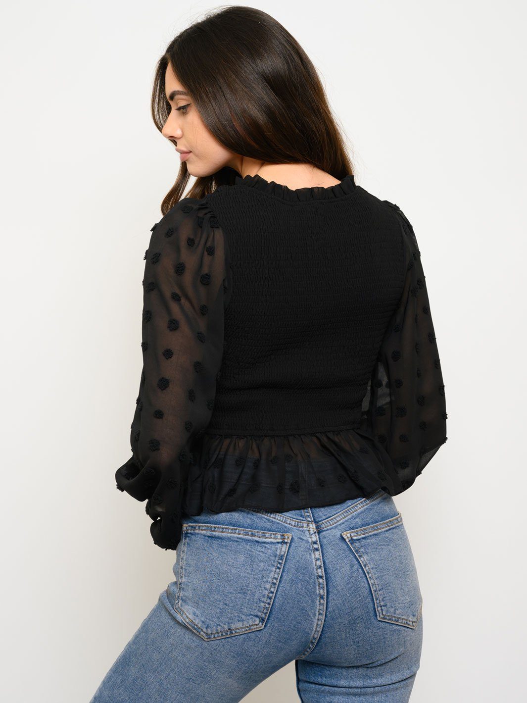 WOMEN'S SMOCKED LONG SLEEVE PEPLUM TOP