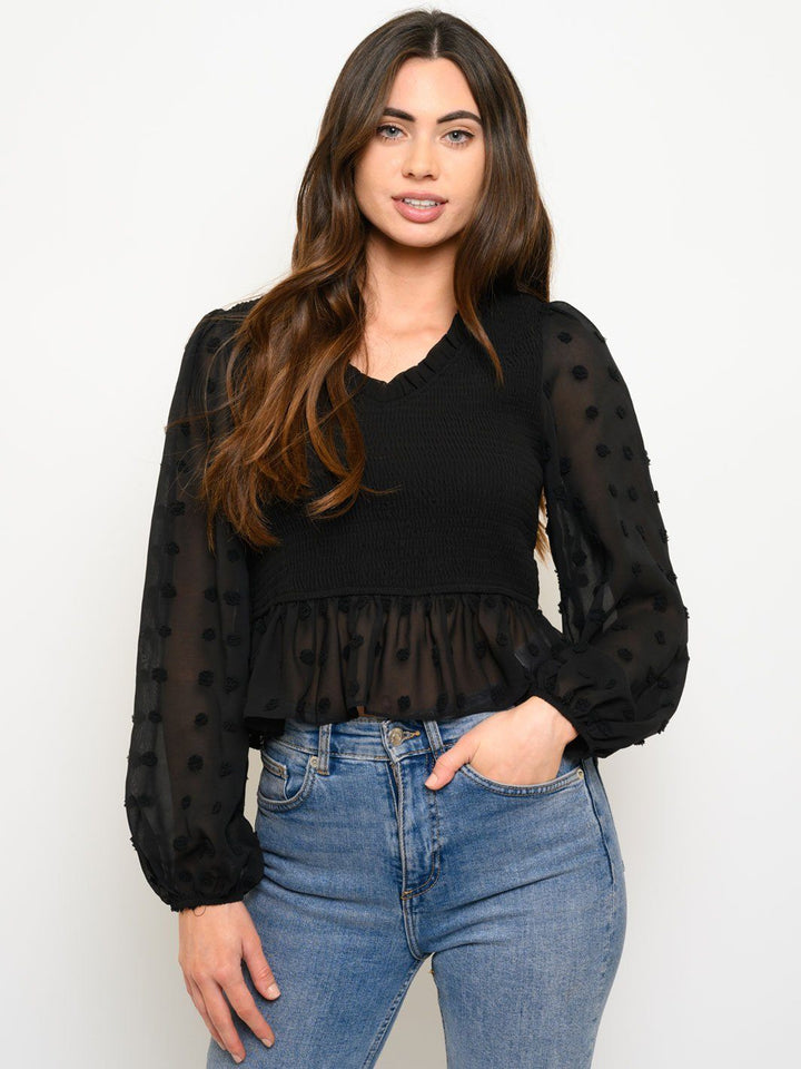 WOMEN'S SMOCKED LONG SLEEVE PEPLUM TOP