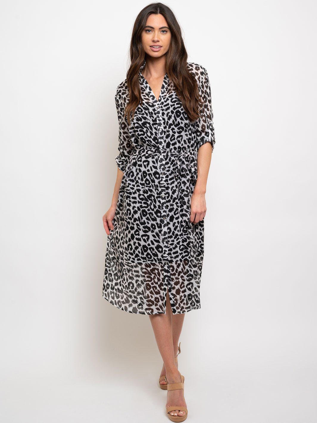 WOMEN'S ANIMAL PRINT BUTTON DOWN MIDI DRESS