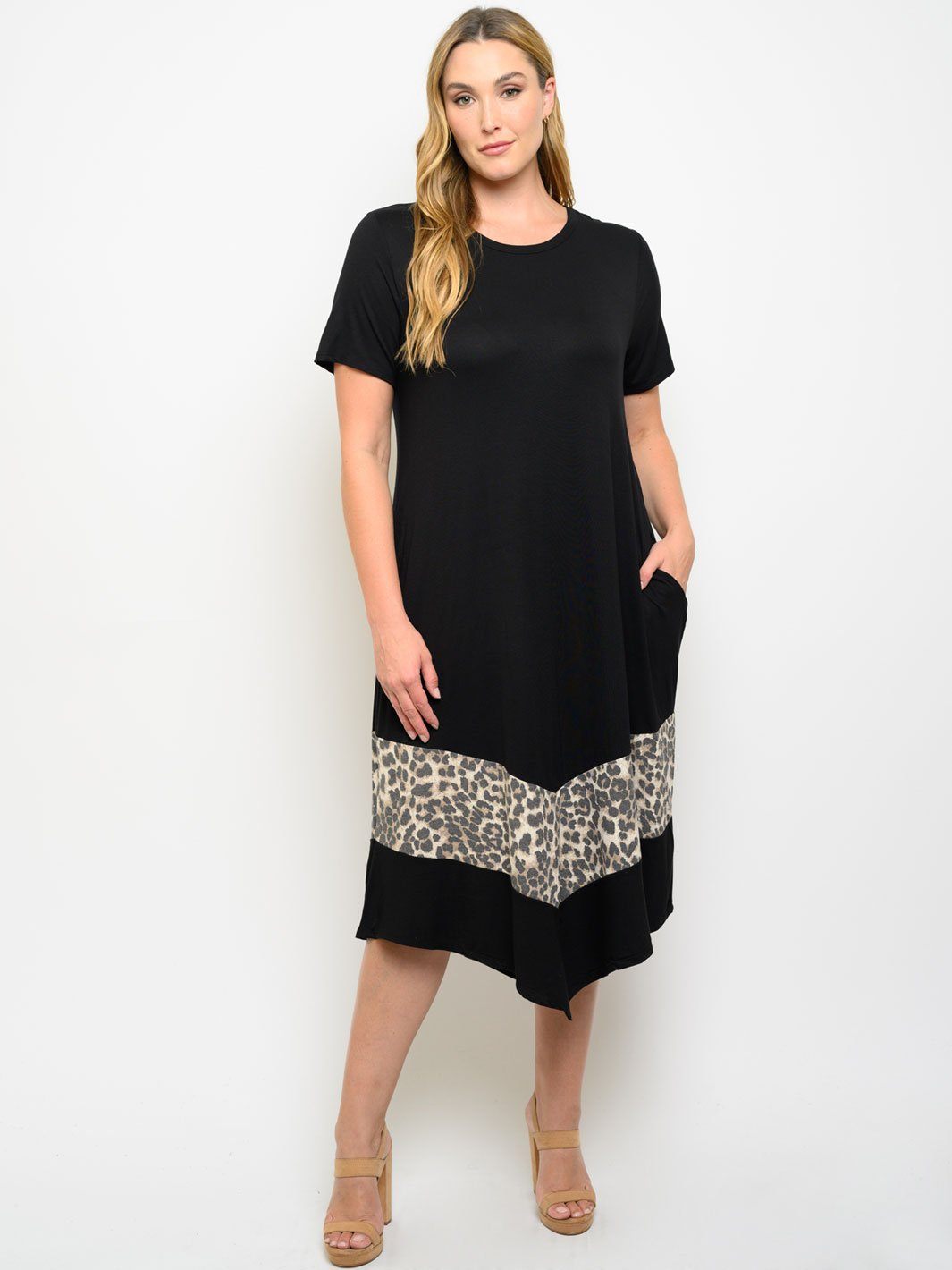 PLUS SIZE COLOR BLOCK WITH POCKETS MIDI DRESS
