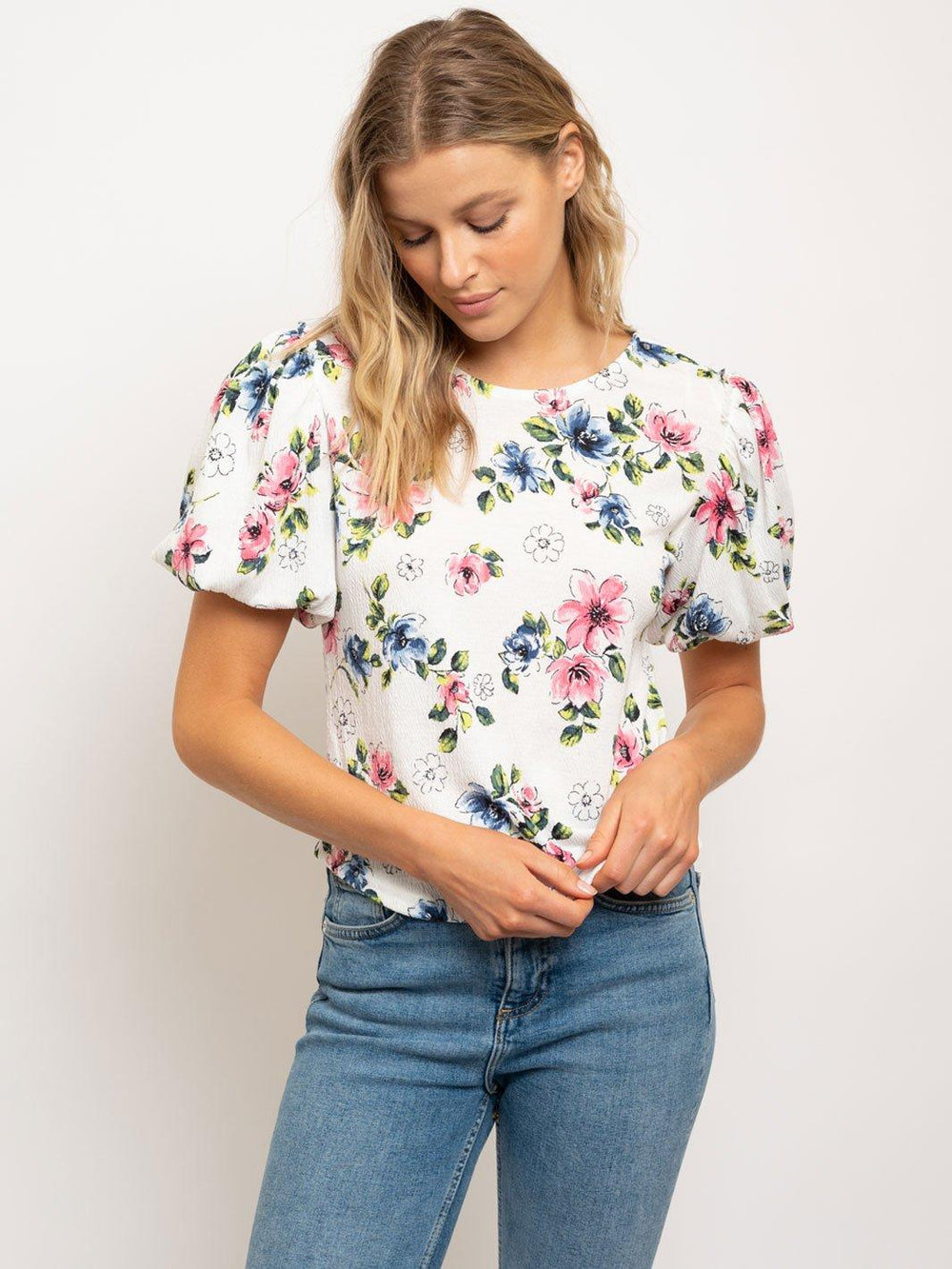 WOMEN'S PUFFED SLEEVES CREW NECK FLORAL TOP