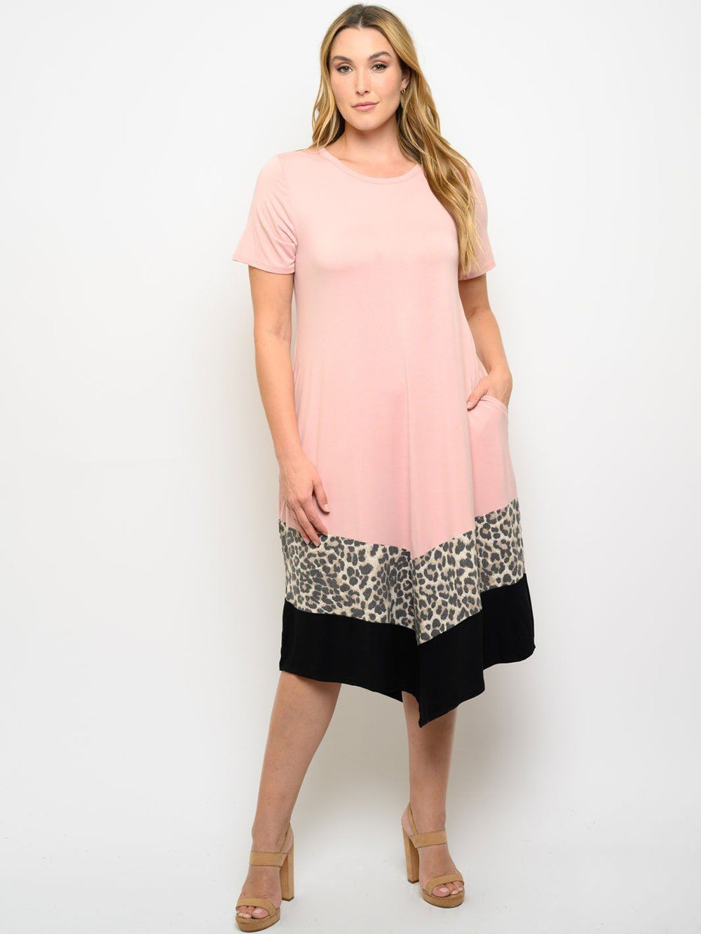 PLUS SIZE COLOR BLOCK WITH POCKETS MIDI DRESS