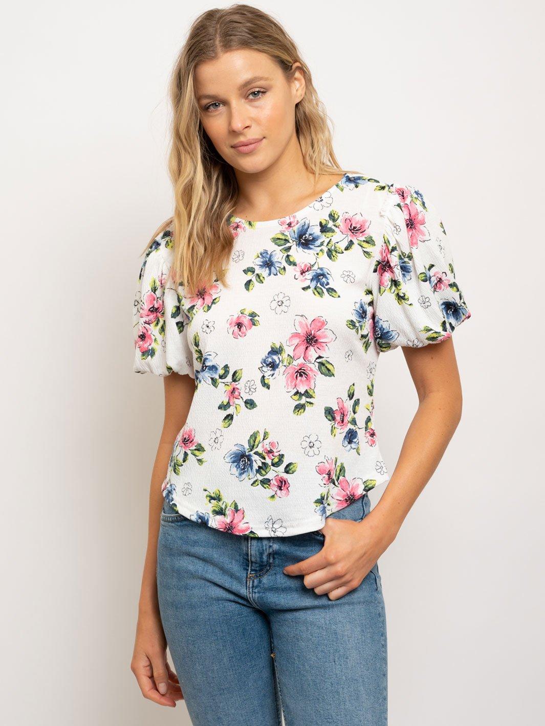 WOMEN'S PUFFED SLEEVES CREW NECK FLORAL TOP
