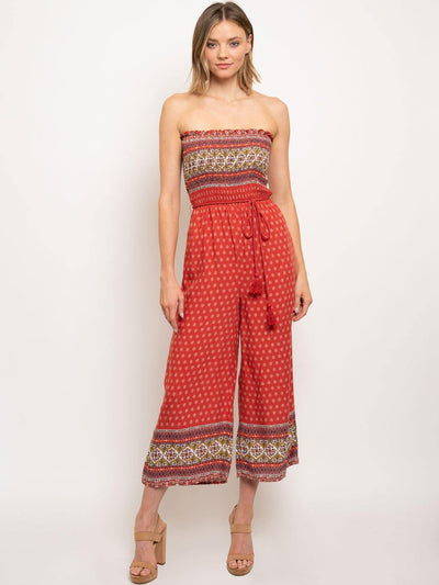 WOMEN'S RUCHED TUBE TOP MULTI PRINT JUMPSUIT
