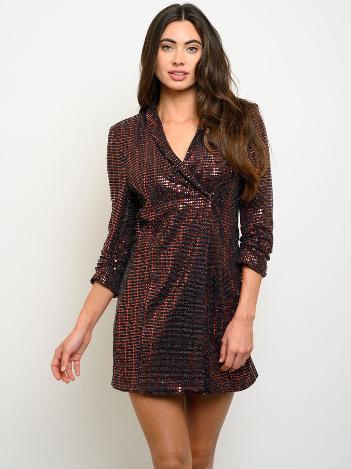 WOMEN'S 3/4 SLEEVES SEQUINS WRAP MINI DRESS