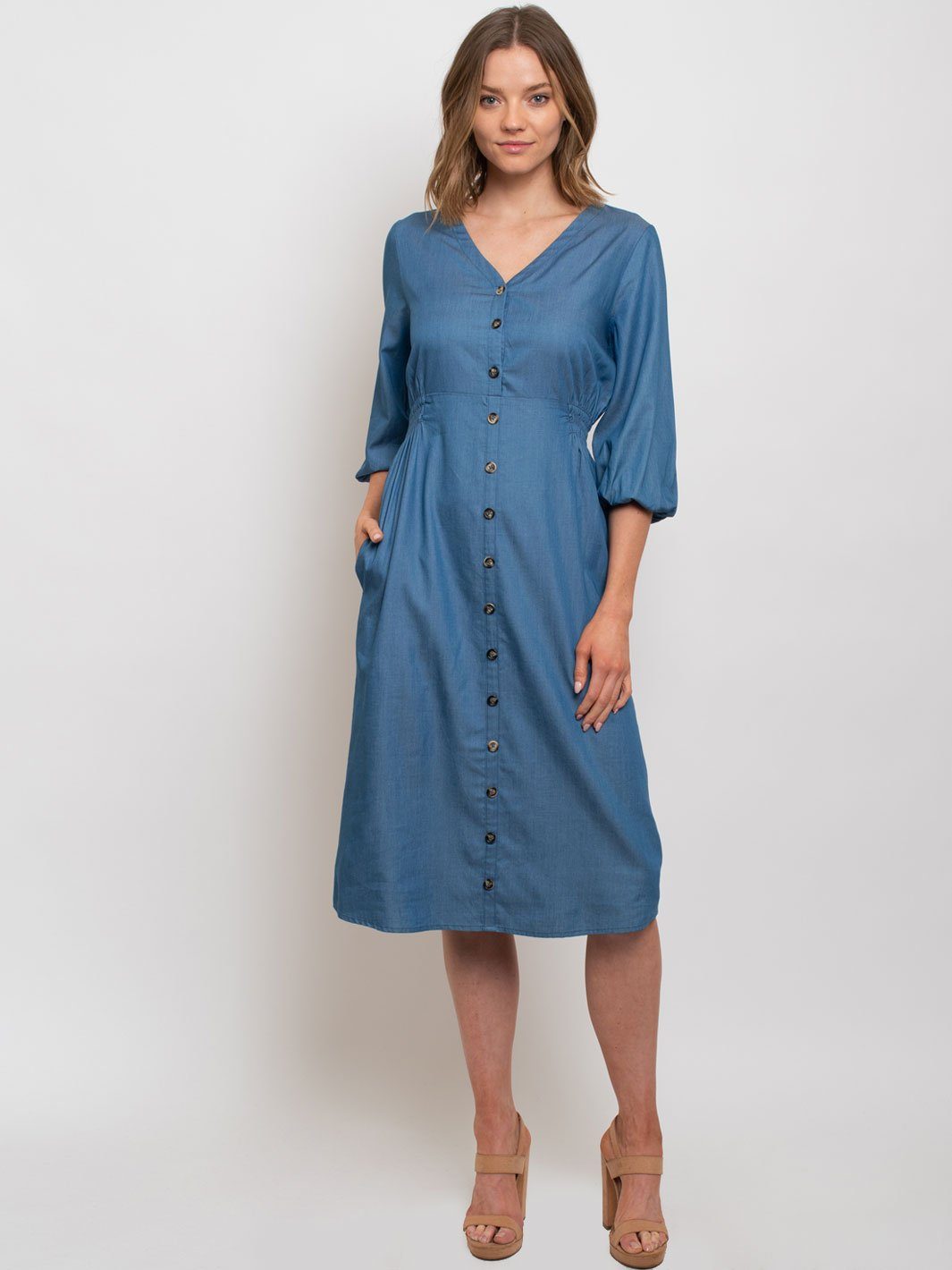 WOMEN'S DENIM V-NECK MIDI DRESS