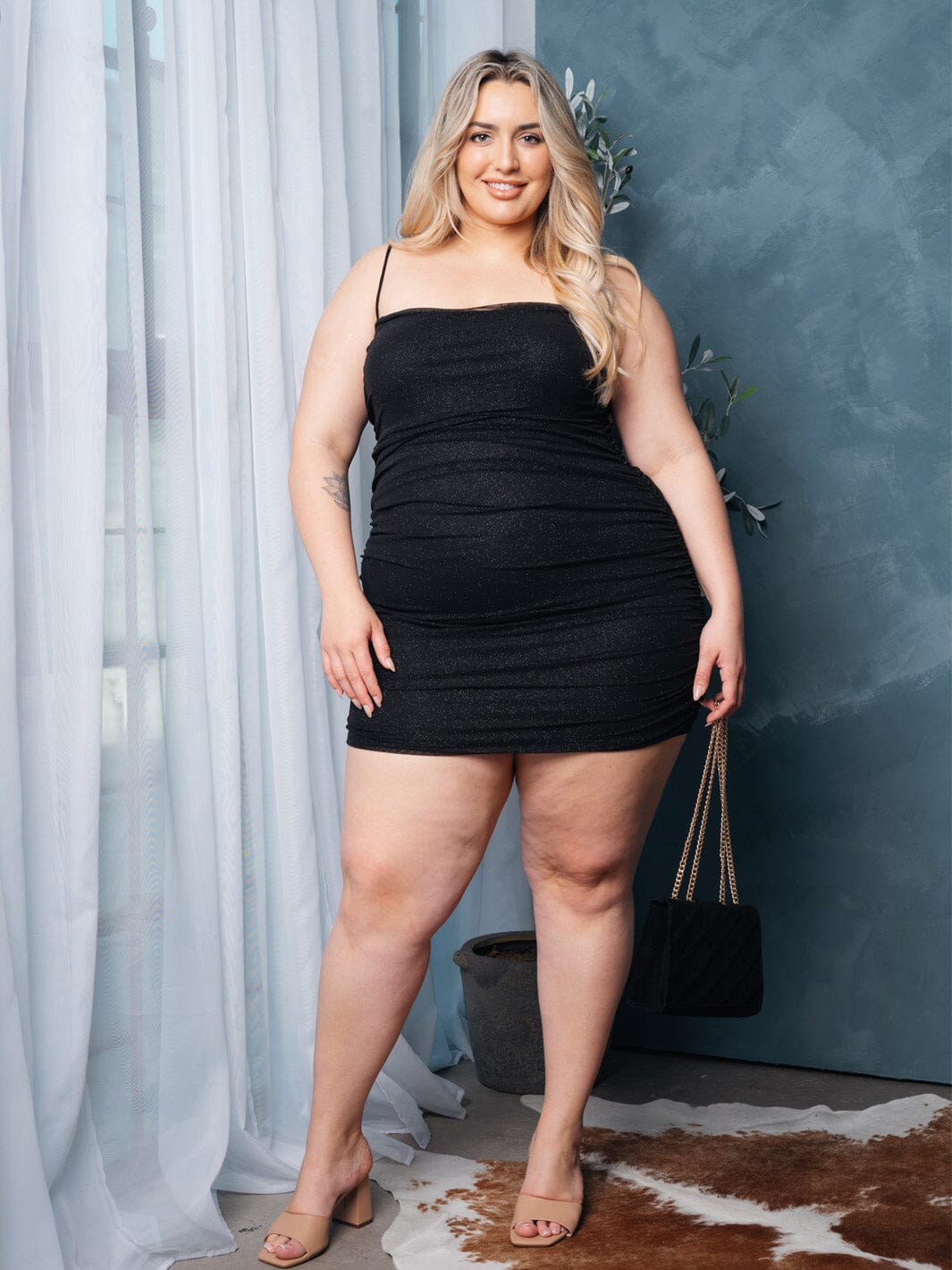 PLUS SIZE SLEEVELESS SHIMMER SIDE RUCHED MINI DRESS
