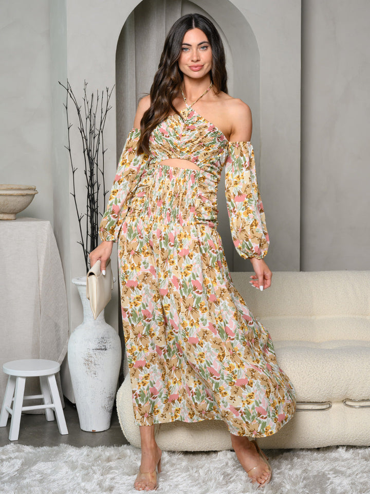 WOMEN'S COLD SHOULDER HALTER NECK FLORAL MAXI DRESS