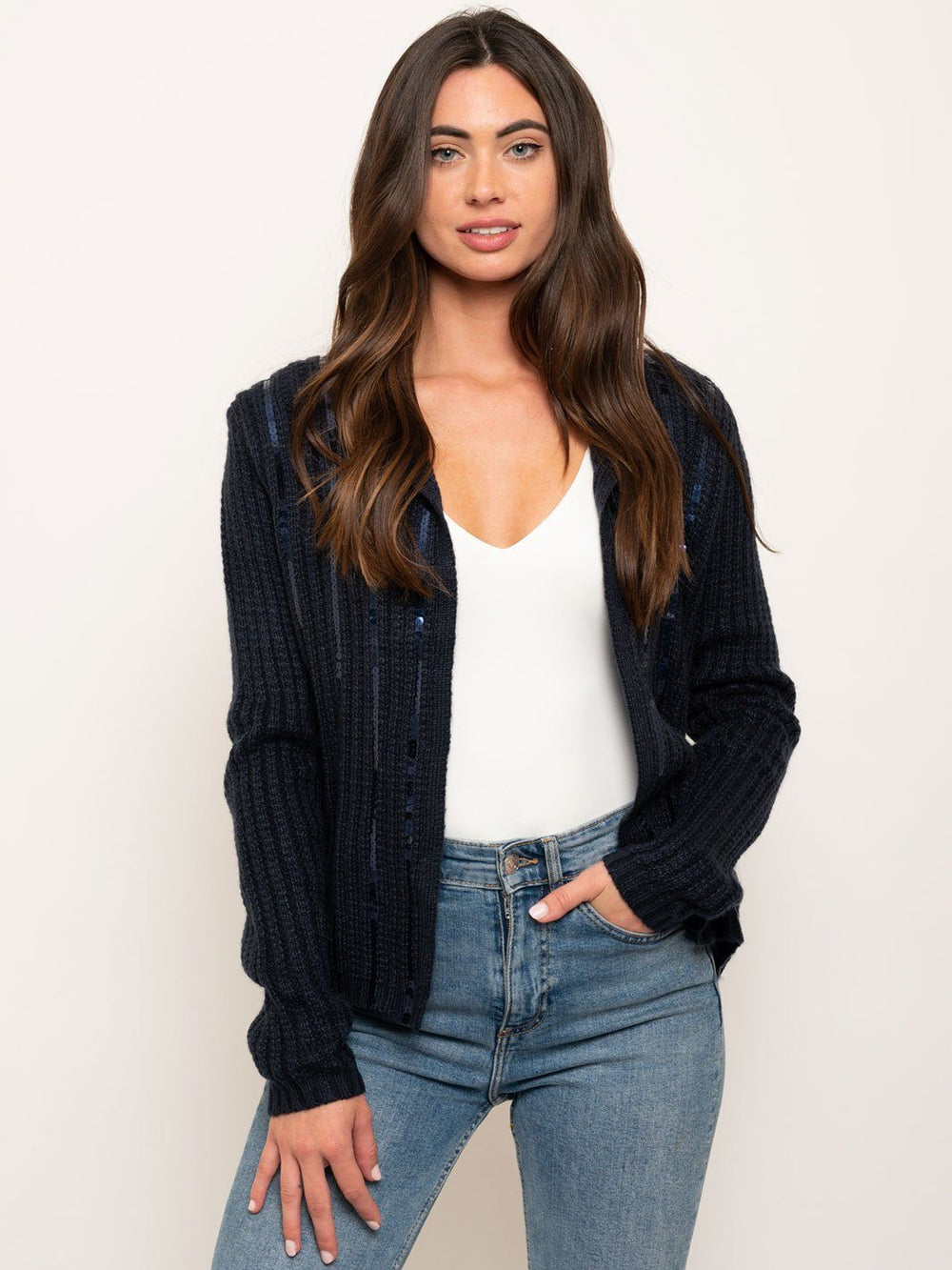 WOMEN'S SEQUIN LINE CARDIGAN SWEATER