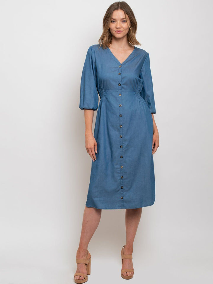 WOMEN'S DENIM V-NECK MIDI DRESS