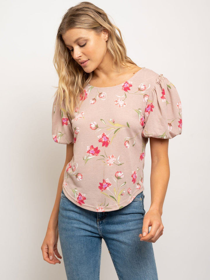 WOMEN'S PUFFED SLEEVES CREW NECK FLORAL TOP