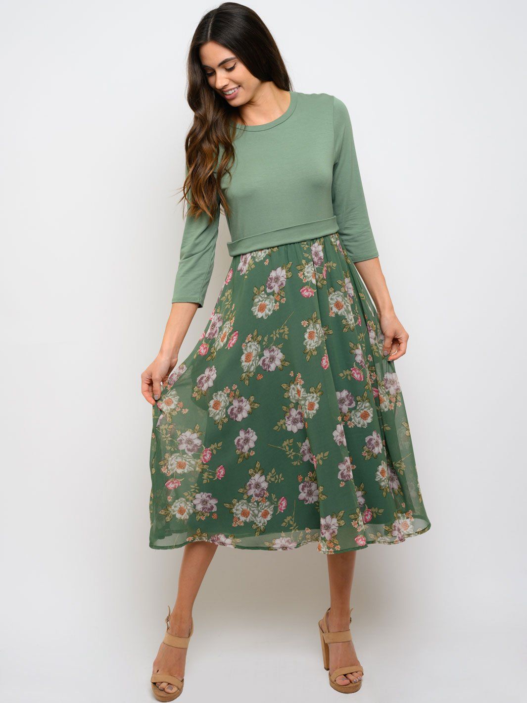 WOMEN'S 3/4 SLEEVE FLORAL CONTRAST MIDI DRESS