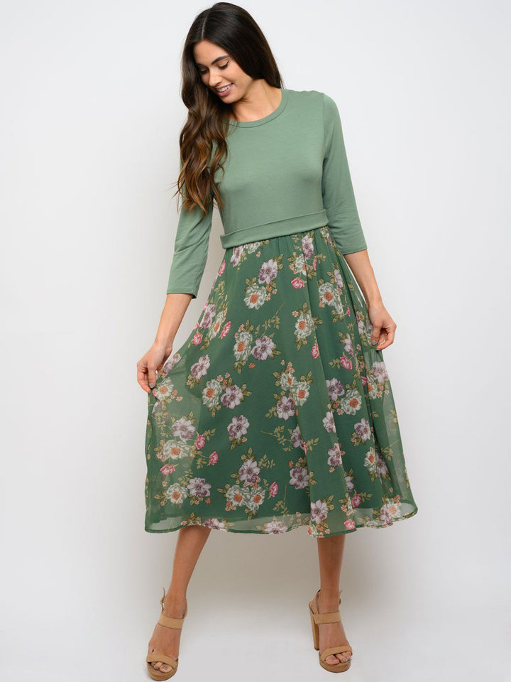 WOMEN'S 3/4 SLEEVE FLORAL CONTRAST MIDI DRESS