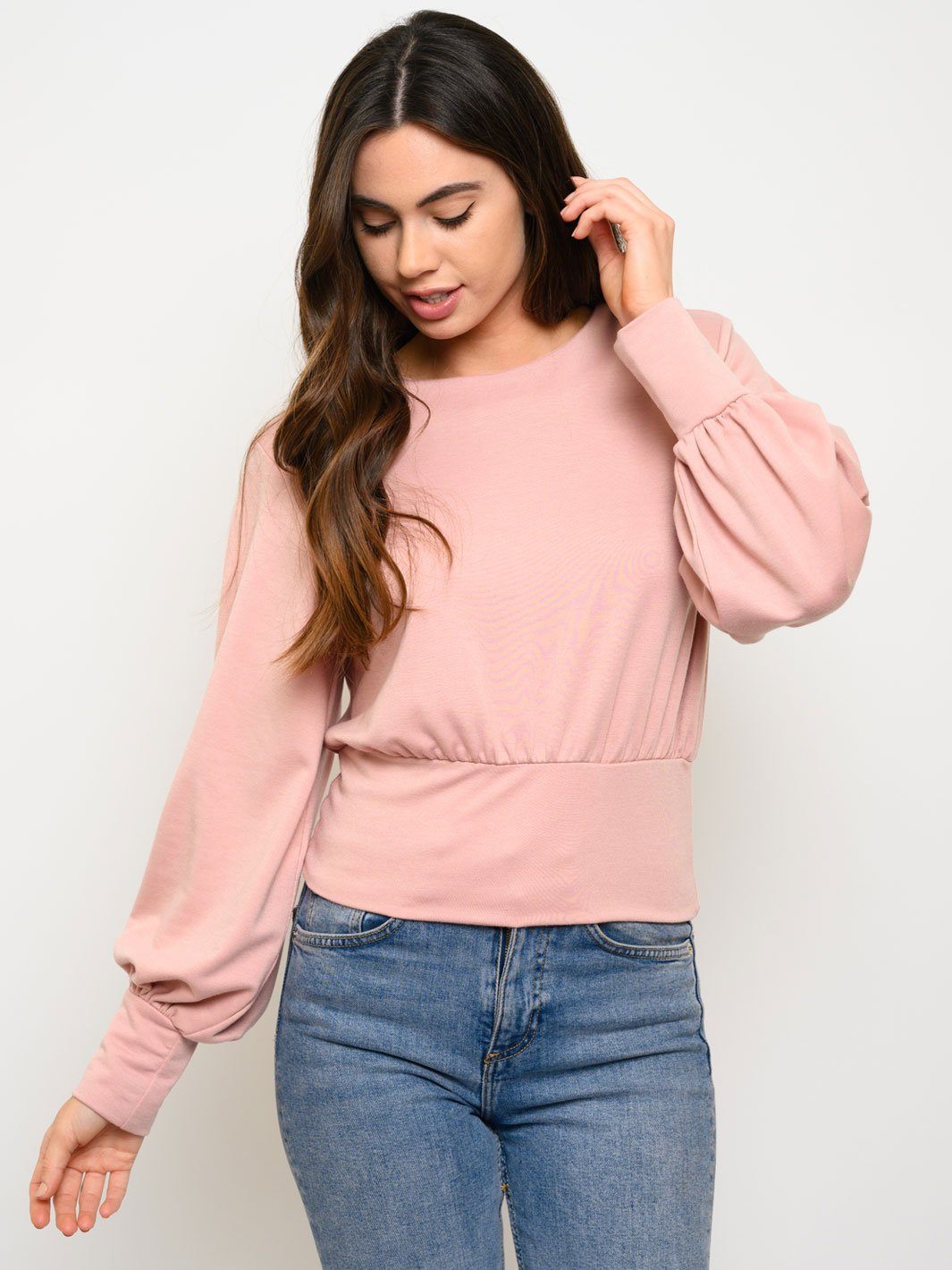 WOMEN'S BOAT NECK PUFF LONG SLEEVE TOP