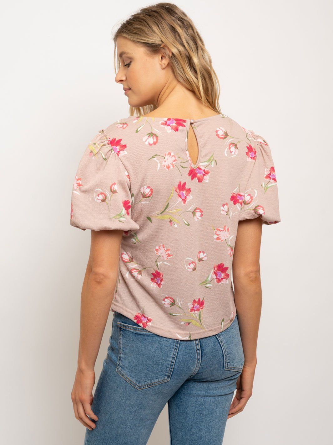 WOMEN'S PUFFED SLEEVES CREW NECK FLORAL TOP
