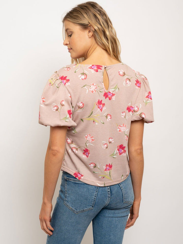 WOMEN'S PUFFED SLEEVES CREW NECK FLORAL TOP