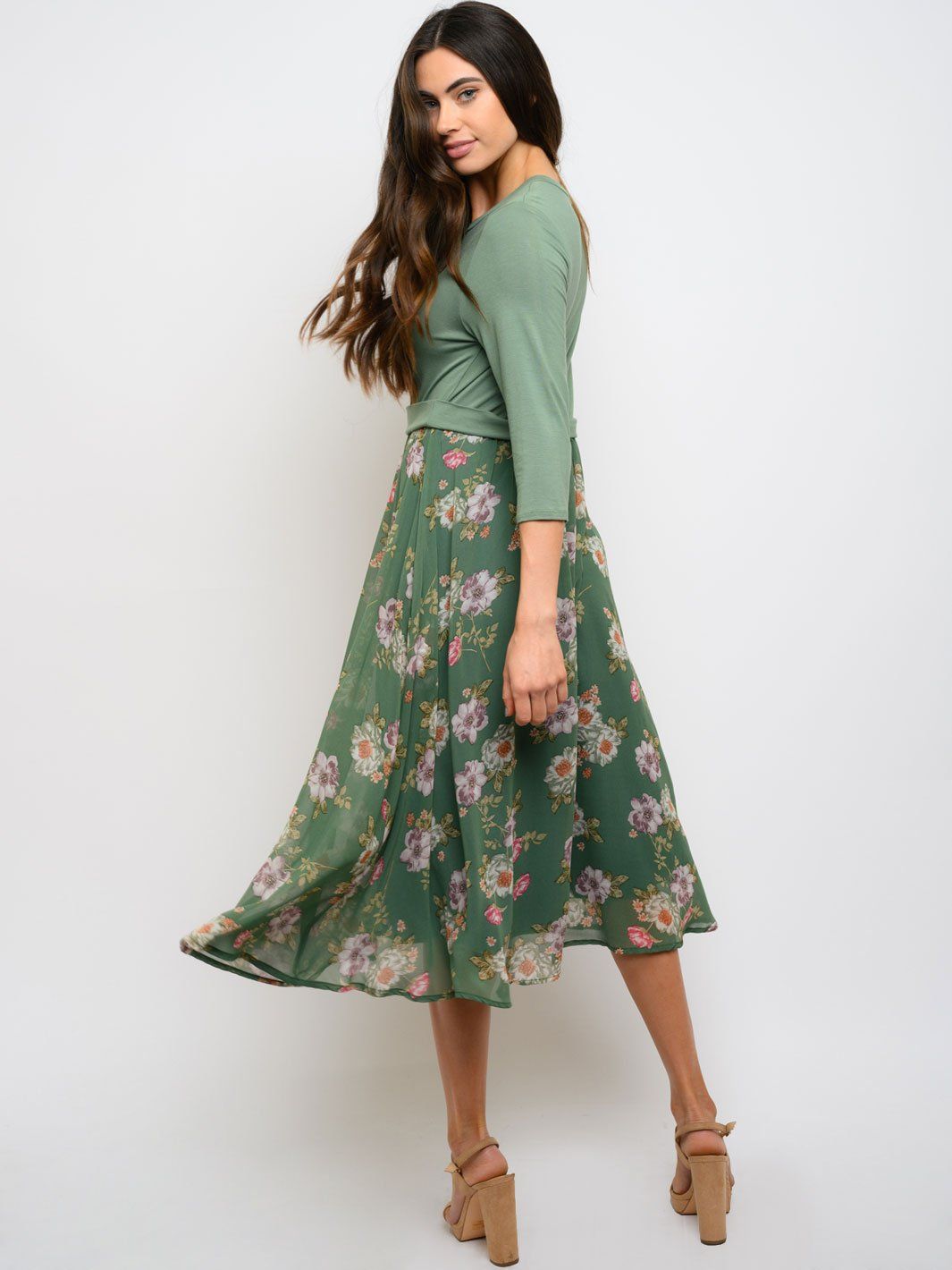 WOMEN'S 3/4 SLEEVE FLORAL CONTRAST MIDI DRESS