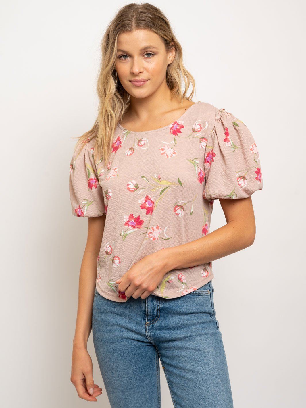 WOMEN'S PUFFED SLEEVES CREW NECK FLORAL TOP