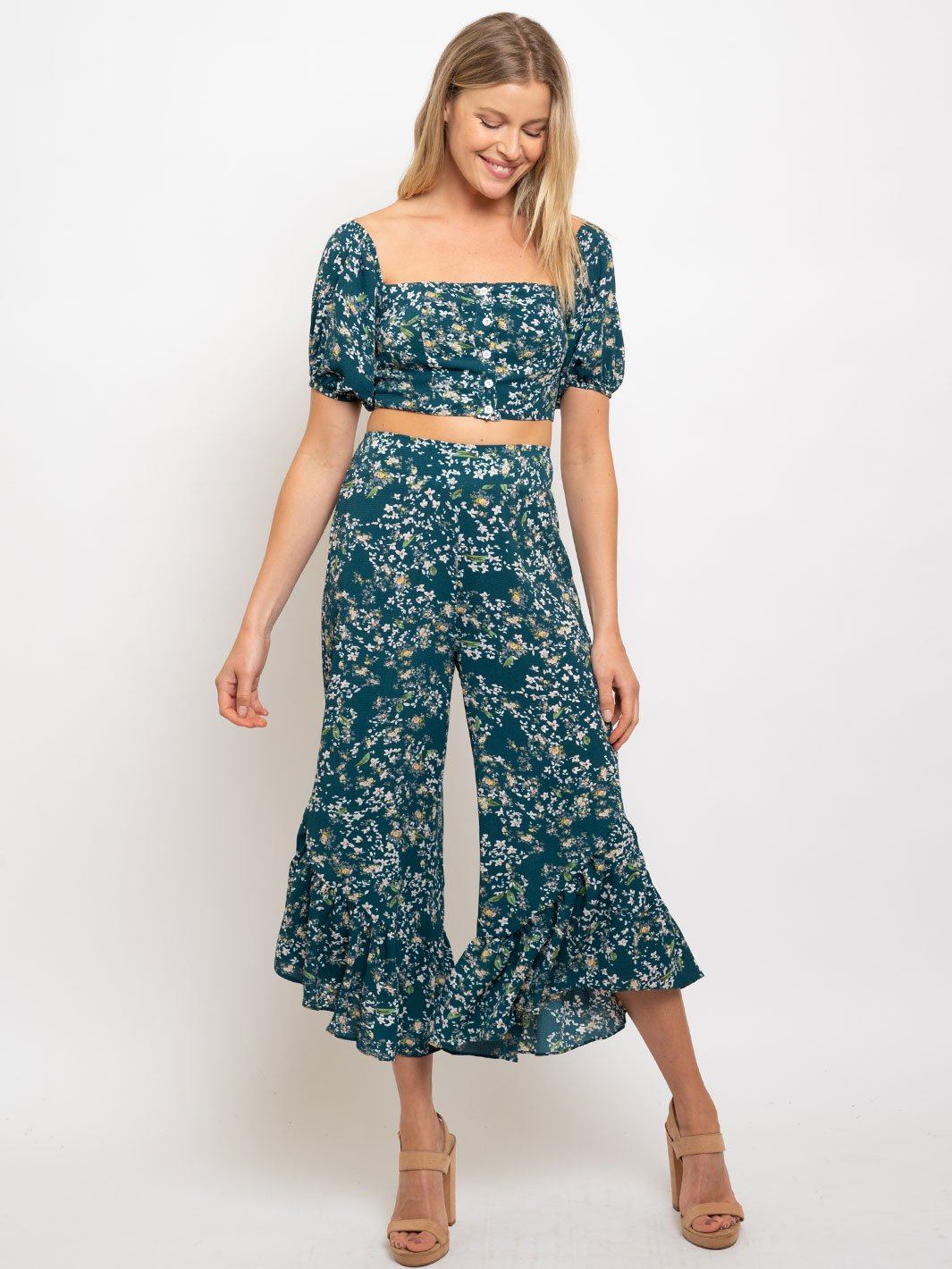 WOMEN'S RUFFLE LEG DETAIL FLORAL PANTS