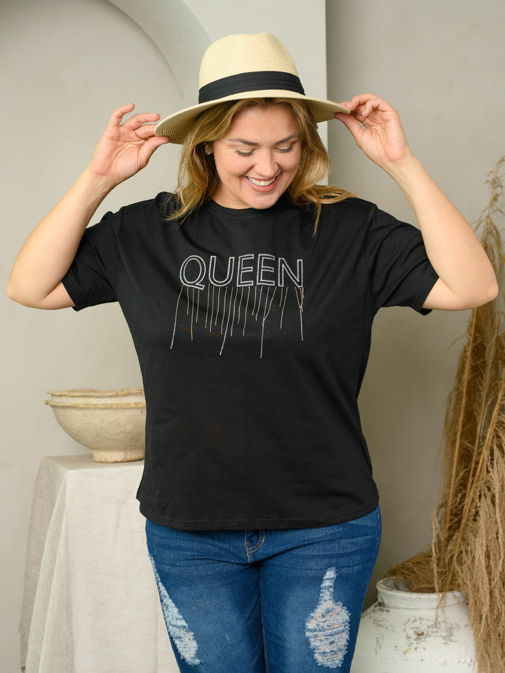 PLUS SIZE SHORT SLEEVE SEQUINS GRAPHIC TOP