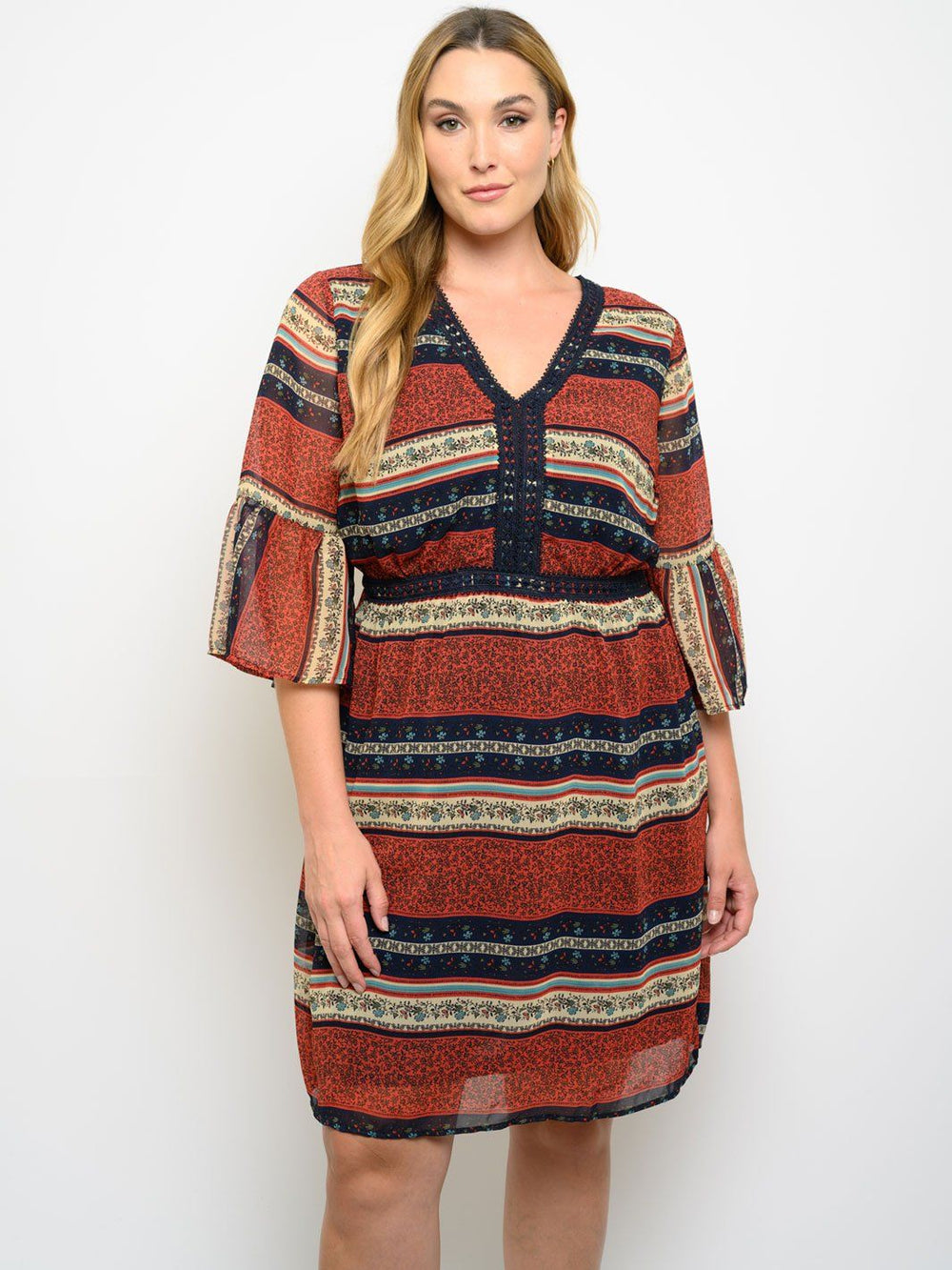 PLUS SIZE FIT AND FLARE MULTI PRINT DRESS