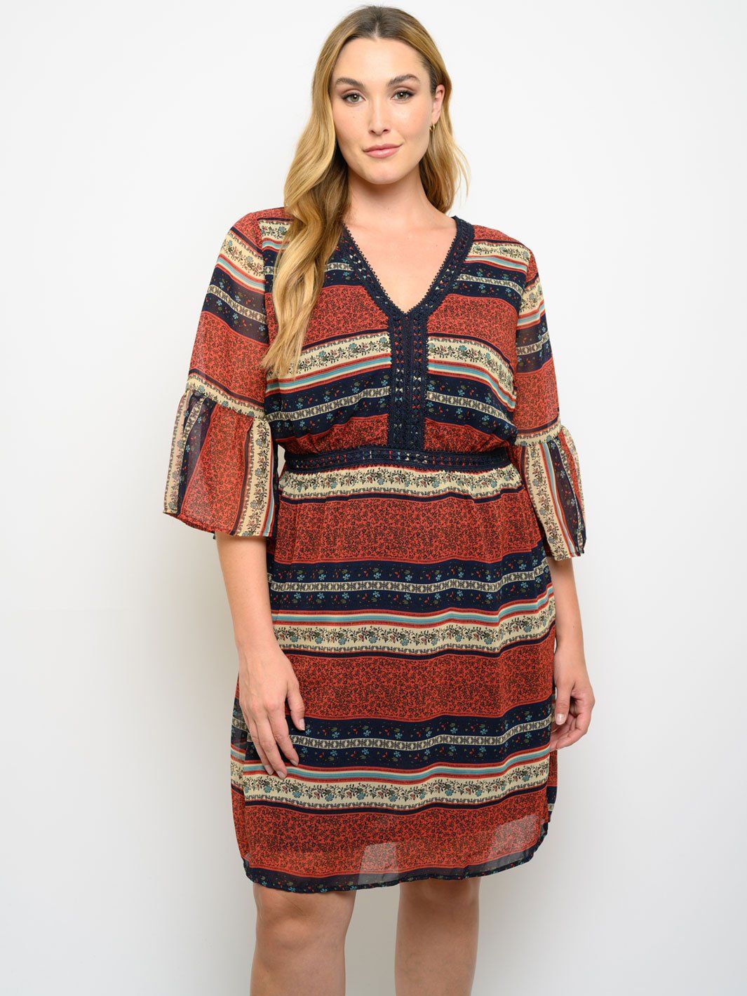 PLUS SIZE FIT AND FLARE MULTI PRINT DRESS