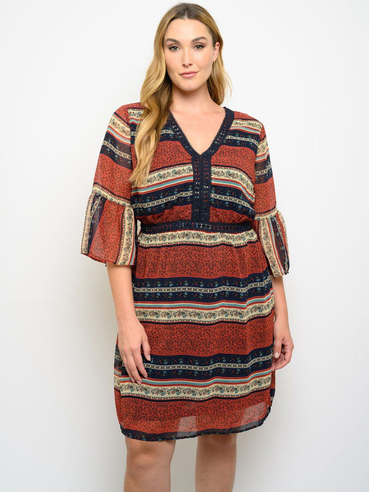 PLUS SIZE FIT AND FLARE MULTI PRINT DRESS