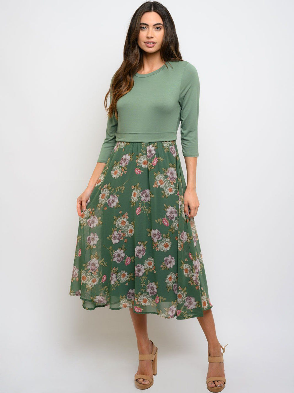 WOMEN'S 3/4 SLEEVE FLORAL CONTRAST MIDI DRESS