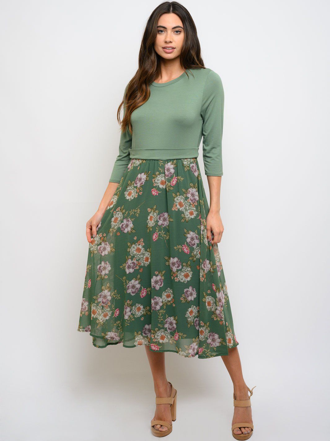 WOMEN'S 3/4 SLEEVE FLORAL CONTRAST MIDI DRESS