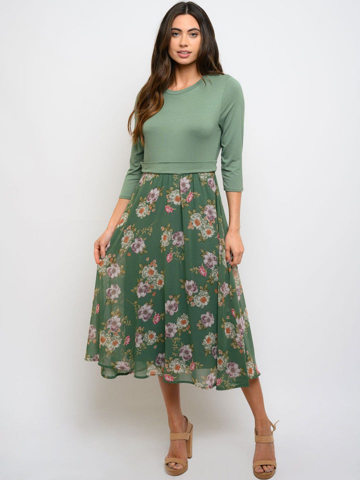 WOMEN'S 3/4 SLEEVE FLORAL CONTRAST MIDI DRESS