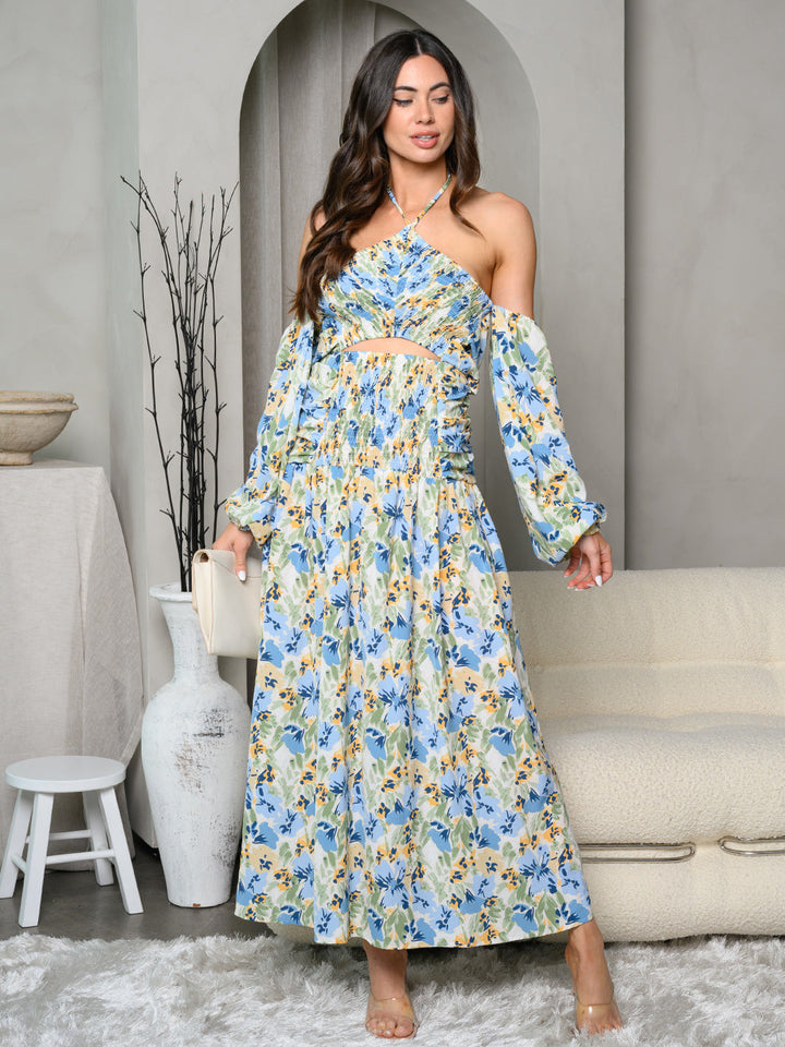 WOMEN'S COLD SHOULDER HALTER NECK FLORAL MAXI DRESS