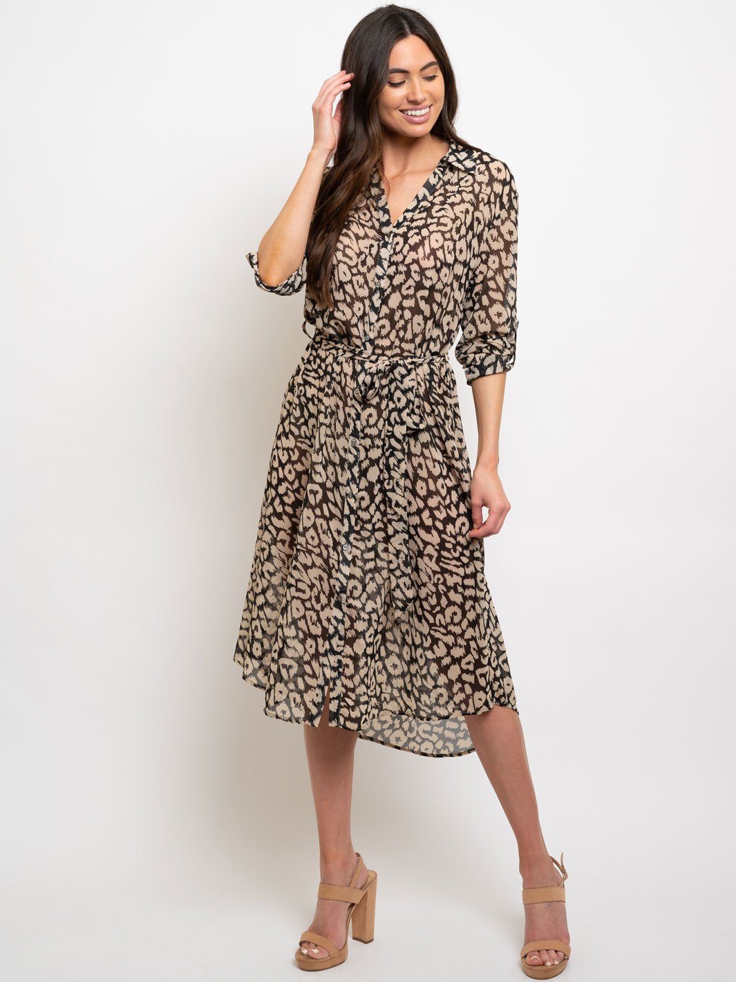 WOMEN'S ANIMAL PRINT BUTTON DOWN MIDI DRESS