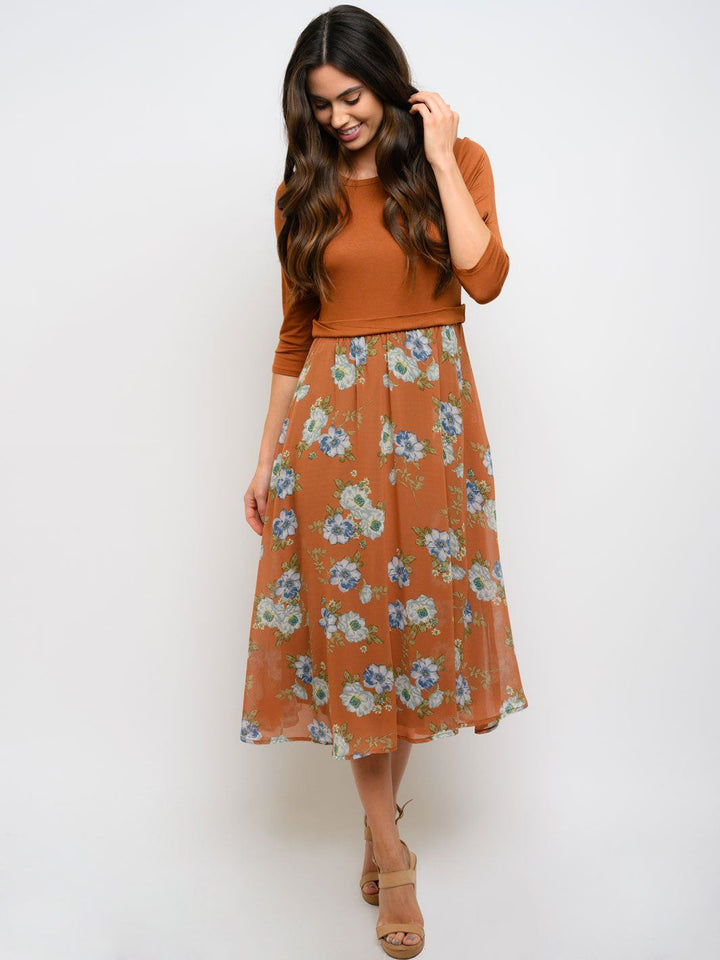 WOMEN'S 3/4 SLEEVE FLORAL CONTRAST MIDI DRESS