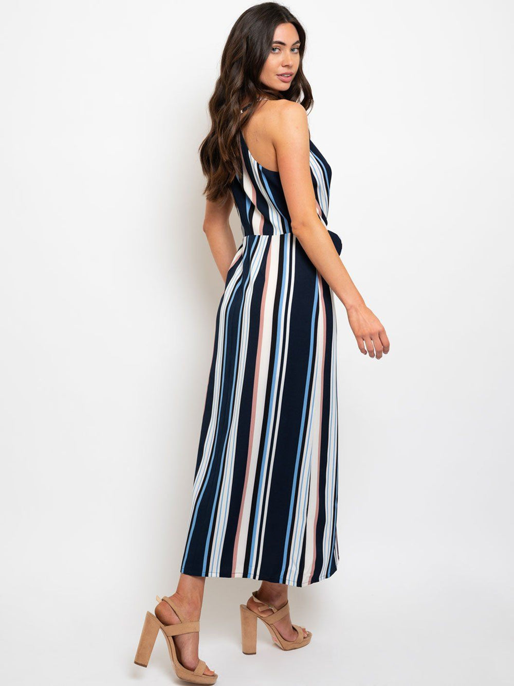 WOMEN'S FRONT TIE DETAIL STRIPES MAXI DRESS