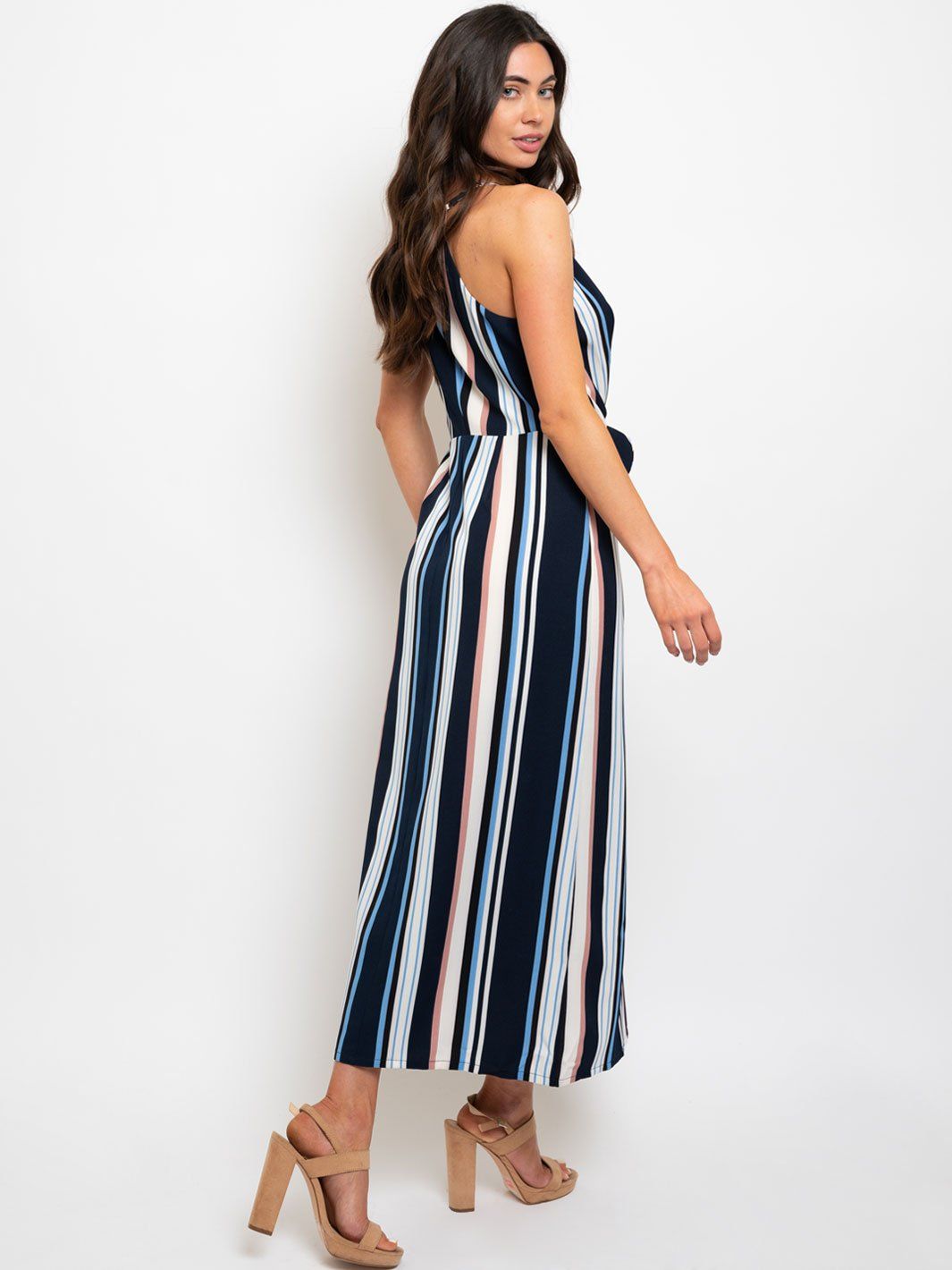 WOMEN'S FRONT TIE DETAIL STRIPES MAXI DRESS
