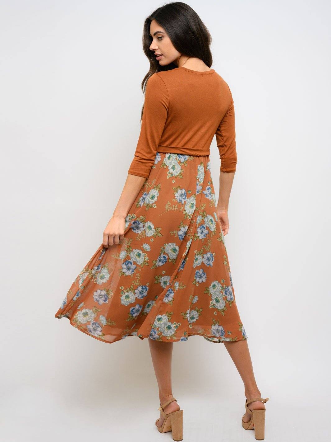 WOMEN'S 3/4 SLEEVE FLORAL CONTRAST MIDI DRESS