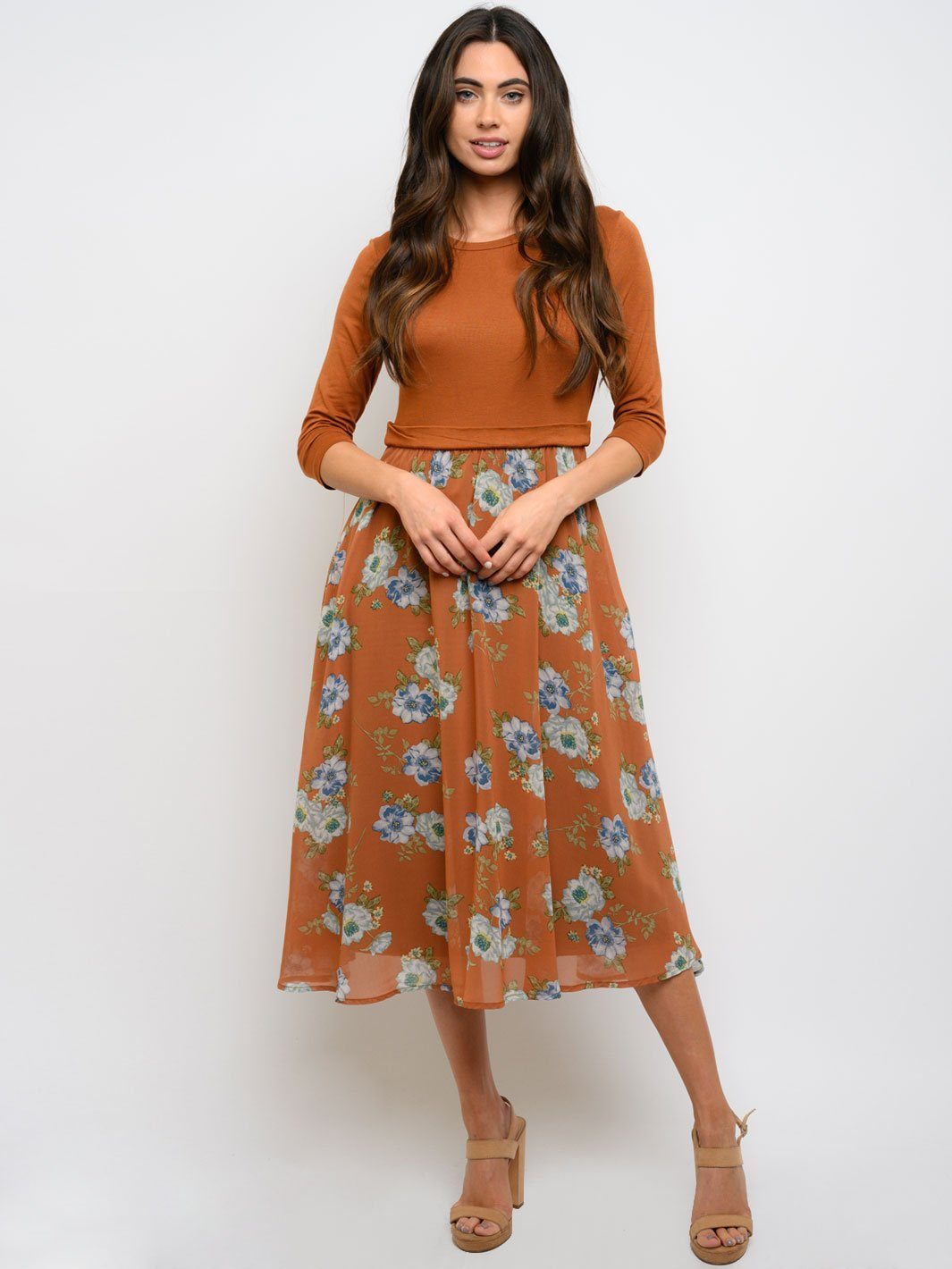 WOMEN'S 3/4 SLEEVE FLORAL CONTRAST MIDI DRESS